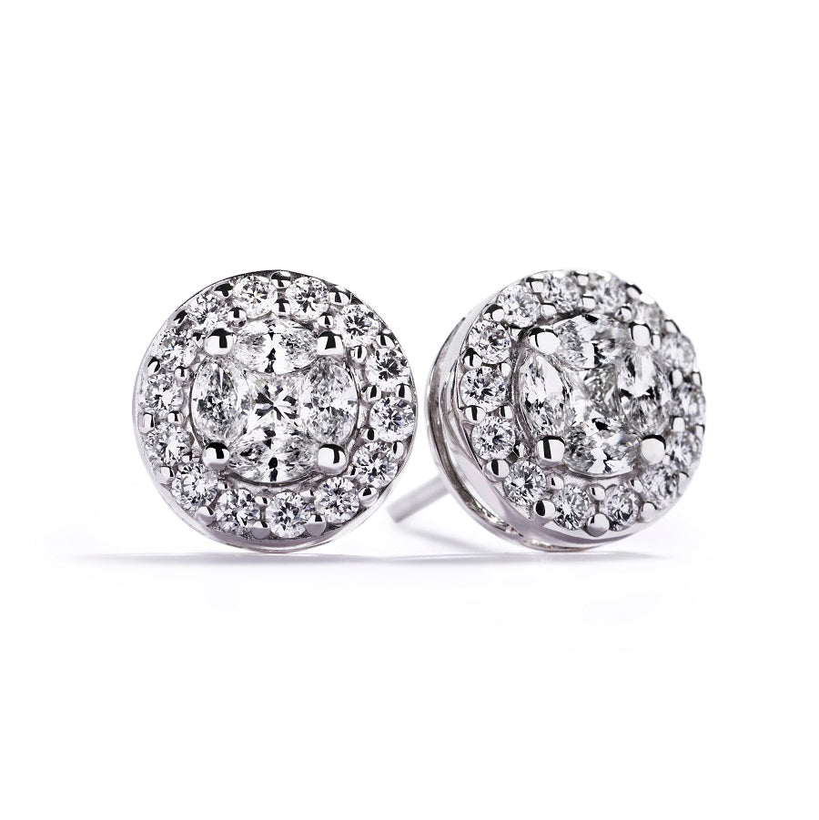 Rosetørestikker i 18 kt. hvidguld med i alt 0,39 ct. fancy cut diamanter og 0,38 ct. brillanter