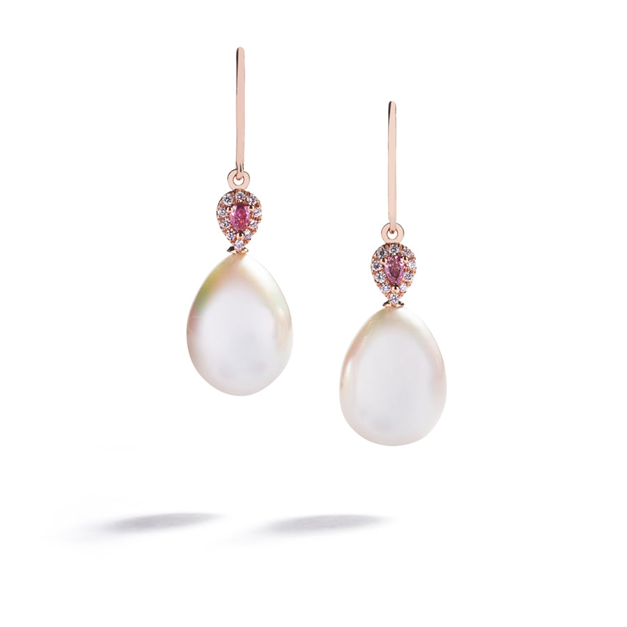 Perleørehængere med dråbeformede South Sea kulturperler og i alt 0,10 ct. Argyle Pink diamanter