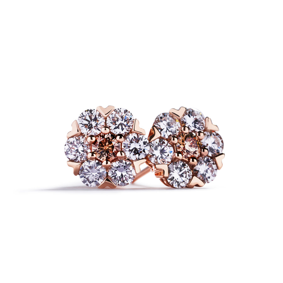 Roset ørestikker med i alt 0,15 ct. Champagne diamanter samt 0,85 ct. brillanter